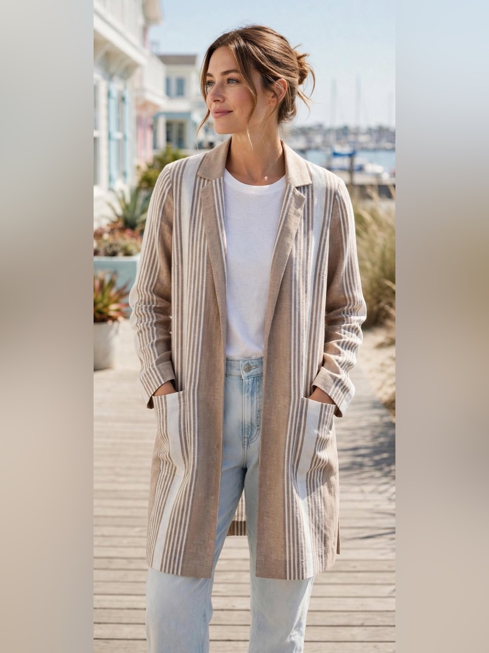 BCBG Generation Linen Blend Striped Longline Blazer Duster Jacket XS